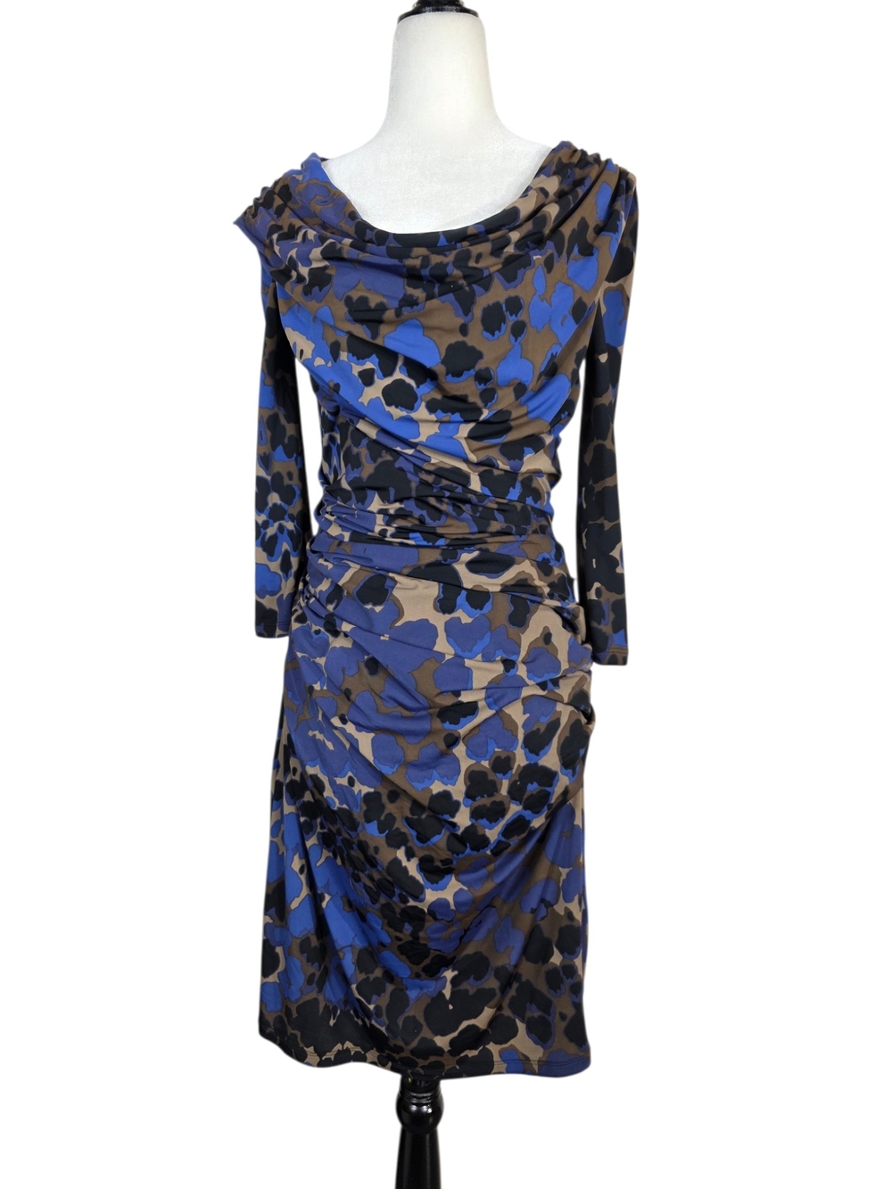 Roberto Cavalli Blue, Brown & Black Abstract Print Long Sleeve Dress